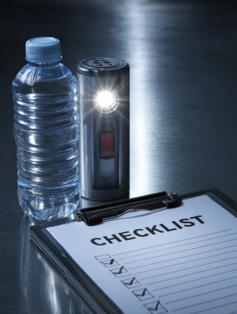 A checklist on a clipboard rests next to a battery-powered light and a bottle of water, suggesting readiness for an upcoming task or outdoor adventure.の素材