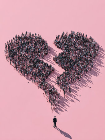 Crowd forms broken heart shape on pink background, capturing the theme of heartbreak and emotional separation through powerful visual representation.の素材