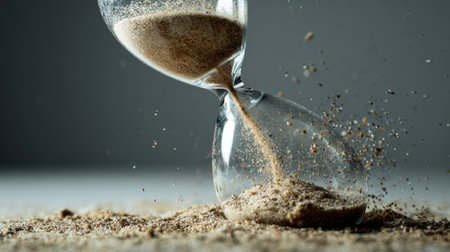 A broken hourglass sits on a surface with sand spilling from the top half, illustrating the relentless flow of time and the impact of broken promises.の素材