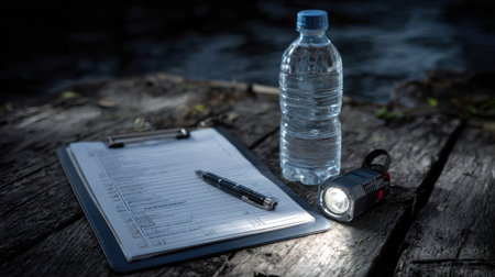 A clipboard rests on a textured wooden surface alongside a battery-powered light and a bottle of water, emphasizing preparation for an outdoor task in nature.の素材
