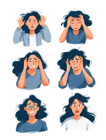 A series of expressive illustrations depicts a woman experiencing various emotional states related to mood triggers and coping responses throughout her day.の素材