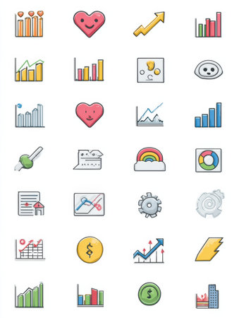 Symbols illustrate diverse data trends such as growth, emotions, and insights, using bright colors and engaging icons to convey information clearly.の素材