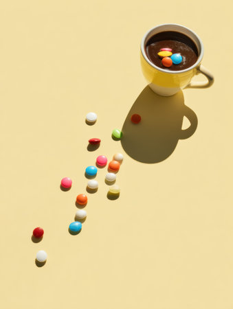 A coffee cup sits open with colorful candy spilling onto a light background, casting a playful shadow while inviting curiosity and exploration of the sceneの素材