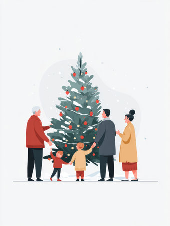 Families gather to decorate a Christmas tree with ornaments and lights, fostering connections and creating cherished memories during the holiday season.の素材