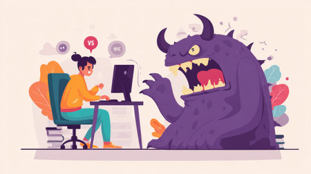 A person sits at a computer, facing a cartoon monster symbolizing trolling, while grappling with the effects of cyberbullying in a digital environment.の素材