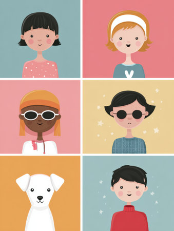 Bright and cheerful illustrations feature diverse young children and a dog, promoting emotional support for young cancer patients in a warm and inviting style.の素材