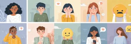 Illustration features a collection of individuals showing emotions like happiness, sadness, and reflection, aimed at guiding emotional awareness and expressionの素材
