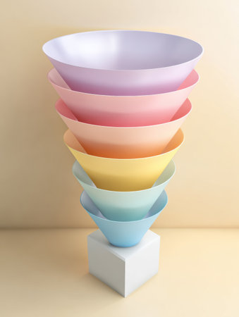 Pastel block diagram of a sales funnel showing stages of customer engagement and conversion for effective marketing.の素材