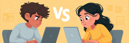 Two youths discuss cyberbullying vs. trolling while engaged in serious online activities on their laptops.の素材