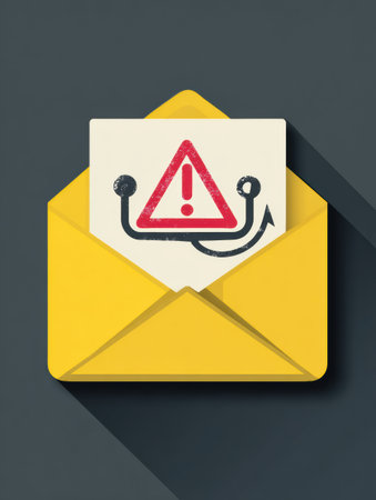 Stylized depiction of a phishing email marked with warning signs, embodying the importance of cybersecurity awareness and online safety.の素材