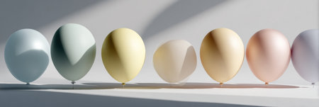 Clay balloons in varied pastel shades gently float, casting soft shadows on a tranquil background, evoking a peaceful and soothing atmosphere.の素材