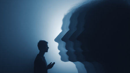 A human figure stands in a dark space, surrounded by a series of silhouettes depicting emotional tension, illuminated by soft light in the background.の素材