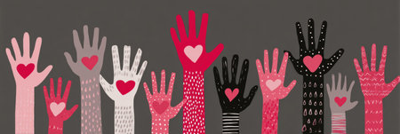 Colorful hands adorned with hearts represent a support network, symbolizing love, compassion, and connection among individuals from various backgrounds.の素材