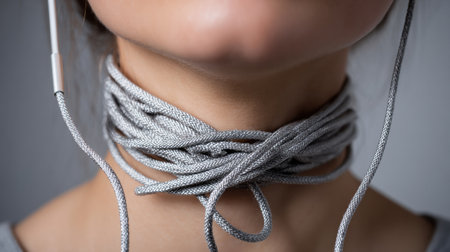A tangled headphone cord is wrapped around the neck, representing the mental struggles individuals face in their daily lives and emotional well-being.の素材