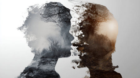 Two silhouettes merge with contrasting landscapes, symbolizing the struggle with cognitive distortions and the journey of reframing thoughts.の素材