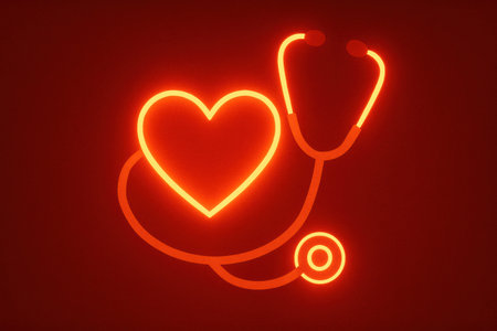 Neon design features a heart and stethoscope, highlighting the connection between love and health in a striking red glowの素材