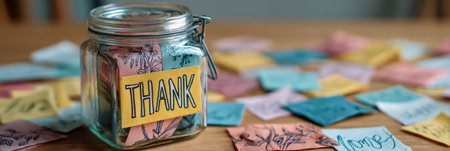 A decorative jar filled with colorful hand-drawn note cards showcasing messages of thanks sits on a wooden table surrounded by additional note cards.の素材