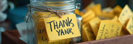 A glass jar is overflowing with colorful hand-drawn thank you note cards, resting on a wooden table adorned with warm, inviting decor.の素材