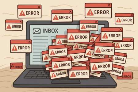 A laptop screen displays numerous error messages, creating a chaotic digital situation in an office setting, suggesting urgent technical issues to resolve.の素材