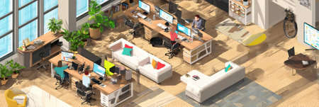 Professionals collaborated in a vibrant 3D isometric coworking space with modern furniture, tech, and plants, boosting creativity.の素材