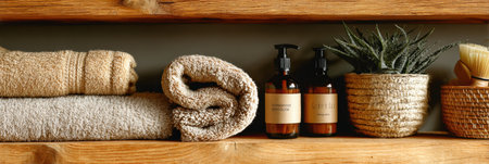 A wooden shelf showcases a collection of eco-friendly skincare bottles alongside neatly folded towels, creating a calming and organized atmosphere.の素材