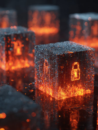 Visual representation of 3D cubes displaying firewall protection layers with bright padlock icons, symbolizing robust security measures in digital environments.の素材