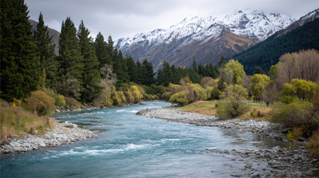 A tranquil river winds through vibrant foliage at the base of snow-covered mountains, capturing the essence of natures beauty on a cloudy day.の素材