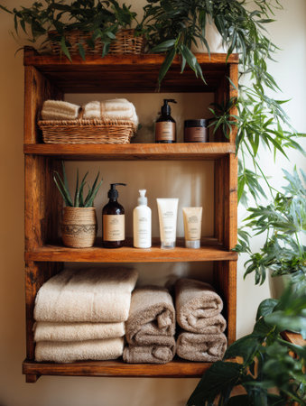 A crafted wooden shelf displays eco-friendly skincare and plush towels, surrounded by lush plants for a calming vibe.の素材