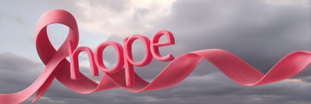 A 3D representation of the word hope is depicted with a soft ribbon against a gentle cloudy backdrop, evoking feelings of comfort and positivity.の素材