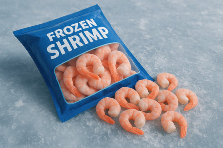 Packaged frozen shrimp displayed alongside individual shrimp pieces on a chilled surface, showing fresh options for preparation and meal planning.の素材