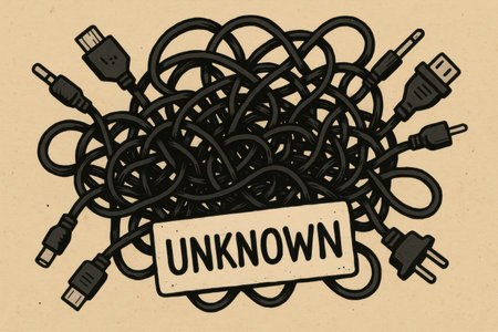 A tangle of electrical cables and connectors labeled unknown, capturing the chaos of tangled technology.の素材