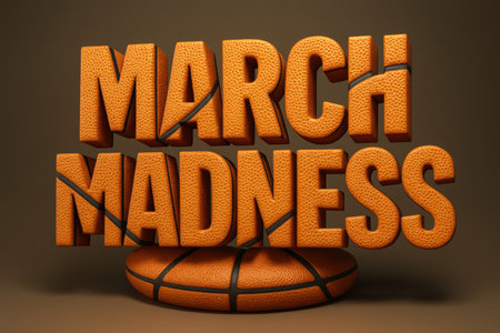 Colorful text showcases March Madness with a basketball theme, illustrating the excitement of the annual college basketball tournament during spring.の素材