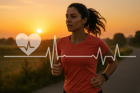 A woman jogs along a path during sunset, with a heart rate graphic superimposed to symbolize fitness and health awareness.の素材
