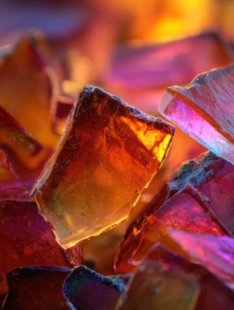 Warm colors of broken glass create a mesmerizing display, capturing light and reflecting hues of orange, red, and purple in an abstract composition.の素材