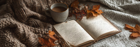 Scattered autumn journal pages lay on a soft blanket alongside a warm cup of coffee and vibrant fallen leaves, evoking a peaceful, cozy vibe.の素材