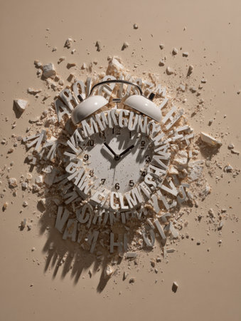 An alarm clock is bursting apart into anxious words, surrounded by debris on a soft beige background, symbolizing overwhelming stress and urgency.の素材