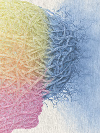 A visual shows tangled threads for mental overload on the left and a soothing gradient on the right, symbolizing the path to calmness.の素材