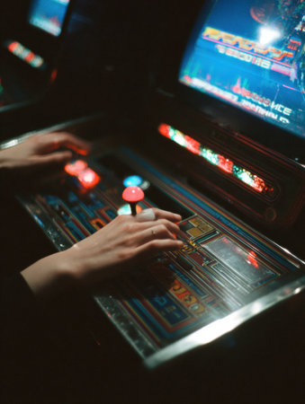 Hands control colorful arcade game buttons while dynamic lights flash and spin in a lively nighttime setting, creating an exciting gaming atmosphere.の素材
