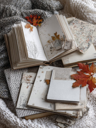 Autumn-themed journal pages on a soft blanket create a serene setting for cozy writing and reflection, highlighting seasonal leaves and textures.の素材
