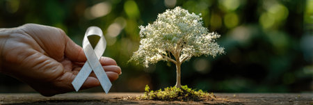 A hand holds a white awareness ribbon, blending seamlessly into a growing tree that symbolizes breath and life amid a vibrant natural setting.の素材