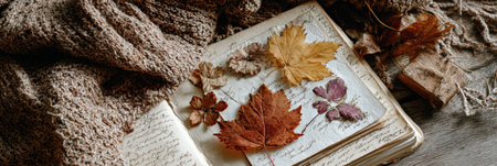 Scattered journal pages highlight pressed leaves on a cozy blanket, embodying the warmth and beauty of autumn as nature transitions into winter.の素材