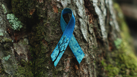 An awareness ribbon transforms into a tree, representing breath and life, set against the rustic texture of bark, conveying a message of resilience and hope.の素材