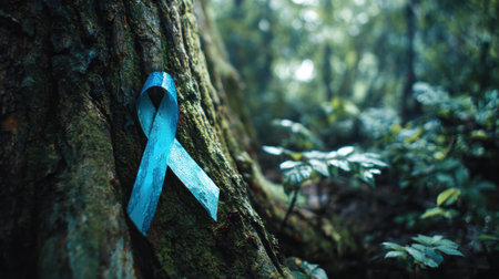 A vibrant awareness ribbon intertwines with the bark of a tree, symbolizing life and breath within a tranquil woodland setting filled with greenery.の素材
