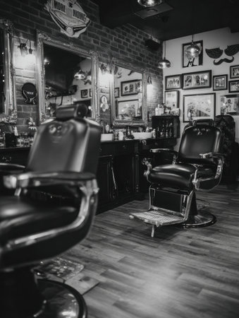 Two black barber chairs are positioned in a cozy barbershop adorned with Movember decorations and vintage photos, creating an inviting atmosphere for patrons.の素材