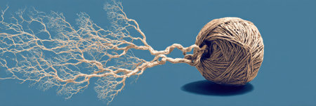 Intricate ball of string gradually morphs into a detailed representation of a nervous system, showing the blend of simplicity and complexity in design.の素材