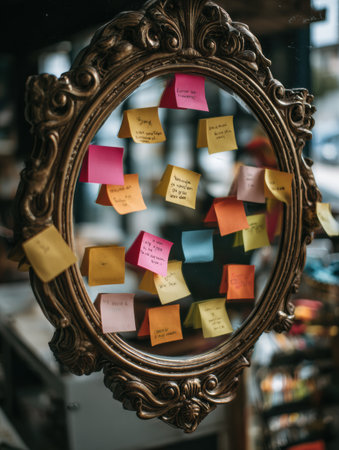 Sticky notes with uplifting messages adorn a vintage mirror inside a lively barbershop, creating an atmosphere of encouragement and positivity for visitors.の素材