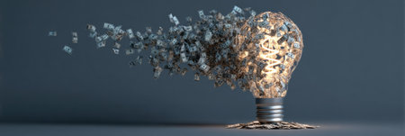 An abstract visualization shows a lightbulb evolving into a money tree as dollar bills disperse from the bulb, symbolizing growth and creativity.の素材