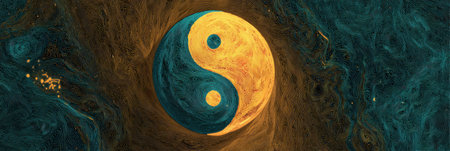 This design merges emotional balance and technology, showing a harmonious blend of the yin-yang symbol and neural networks.の素材