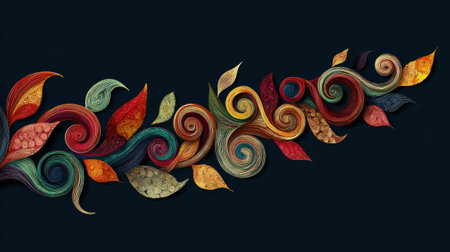 Colorful ribbons and spirals intertwine with autumn leaves, creating a dynamic pattern that evokes feelings of awareness and change in a bold design.の素材