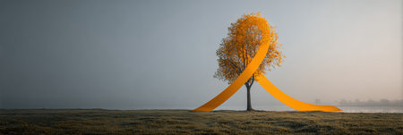 A vibrant yellow awareness ribbon grows into a tree, representing life and breath amid a peaceful landscape at dawn, highlighting natures resilience.の素材
